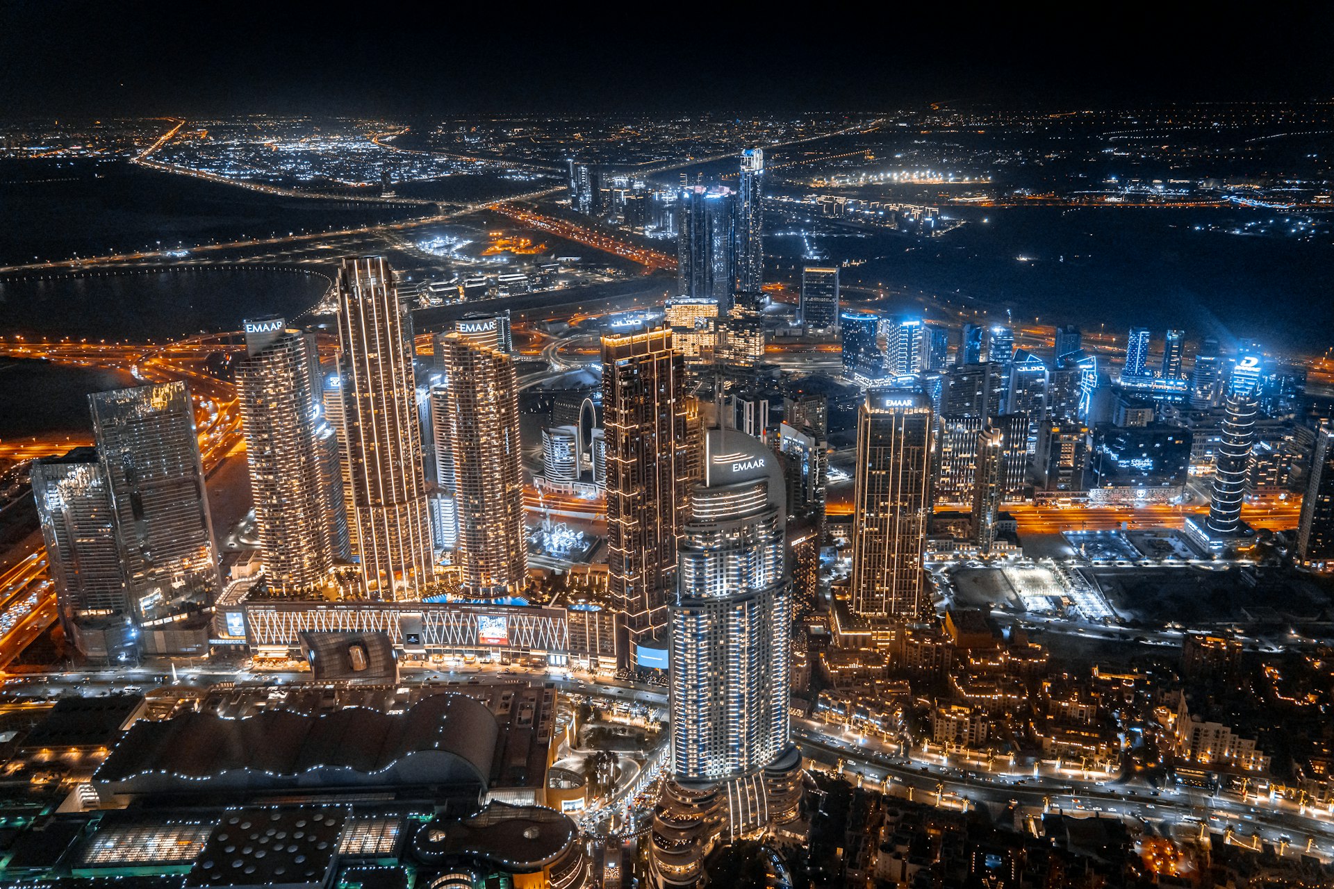 an aerial view of a city at night